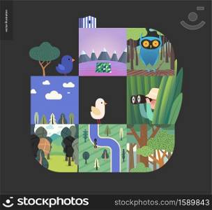 Simple things - forest set on a black background - flat cartoon vector illustration of owl in woods, forest, top view map, river, sk, clouds, bird, hunter in grass, mountains with snow -composition. Simple things - forest set composition on a black background