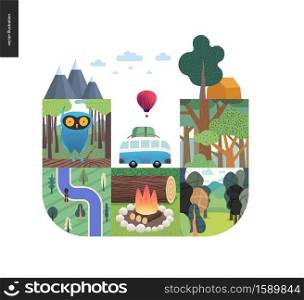 Simple things - forest set on a white background - flat cartoon vector illustration of owl in forest, top view, river, woods, fire wood, log, wildlife, landscape, camping, van and tent - composition. Simple things - forest set composition on a white background