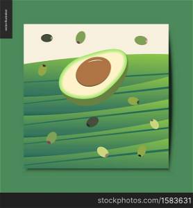 Simple things - half of avocado and black and green olives on the long leaves, postcard, vector illustration. Simple things - avocado