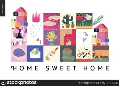 Simple things - home - flat cartoon vector illustration of countryside house, black lamp, sleeping cat, herbarium, wine, bouquet, hands, cactus, roller, bicycle, tulip, gardening -house black postcard. Simple things - home composition on white background