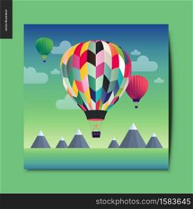 Simple things - hot air balloons above mountains on the background, summer landscape, summer postcard, vector illustration. Simple things - hot air balloons