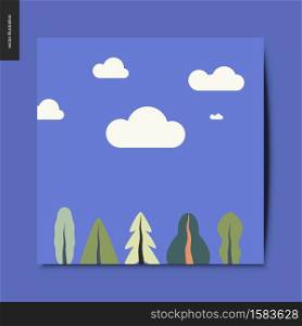 Simple things - landscape with a lake, hills and clouds on the background and plants on the foreground, summer landscape, summer postcard, vector illustration. Simple things - landscape with trees and clouds
