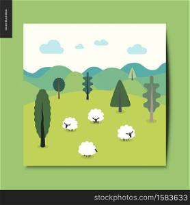 Simple things - landscape with sheep, hills and clouds on the background and trees on the field, green summer landscape, postcard, vector illustration. Simple things - landscape with sheep and hills