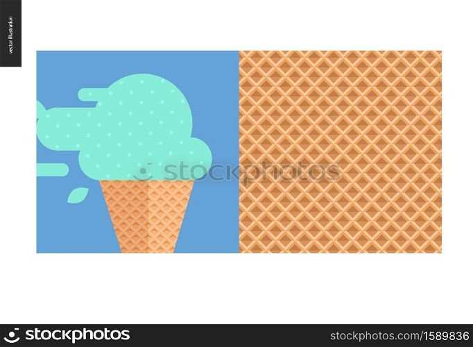 Simple things - meal - flat cartoon vector illustration of mint ice cream in waffle cone on blue background, summer postcard, vector illustration, waffle cone pattern, grid - meal composition. Simple things - meal