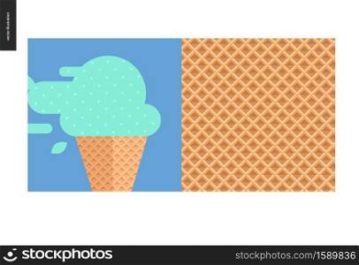Simple things - meal - flat cartoon vector illustration of mint ice cream in waffle cone on blue background, summer postcard, vector illustration, waffle cone pattern, grid - meal composition. Simple things - meal
