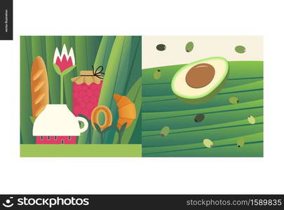 Simple things - meal - flat cartoon vector illustration of tiny cup house and tee meal among huge grass trunks, jam, bread loaf, croissant, half of avocado and black green olives - meal composition. Simple things - meal