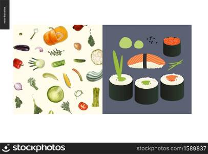 Simple things - meal - flat cartoon vector illustration of vegetables pattern, greens, onion, pumpkin, salad, corn and tomato, sushi and rolls with salmon and rice, wasabi on side - meal composition. Simple things - meal
