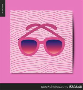 Simple things - pink sunglasses with gradient lens on the pink waved striped background, summer postcard, vector illustration. Simple things - sunglasses