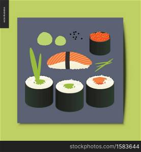 Simple things - sushi , wasabi and rolls on the board, postcard, vector illustration. Simple things - sushi