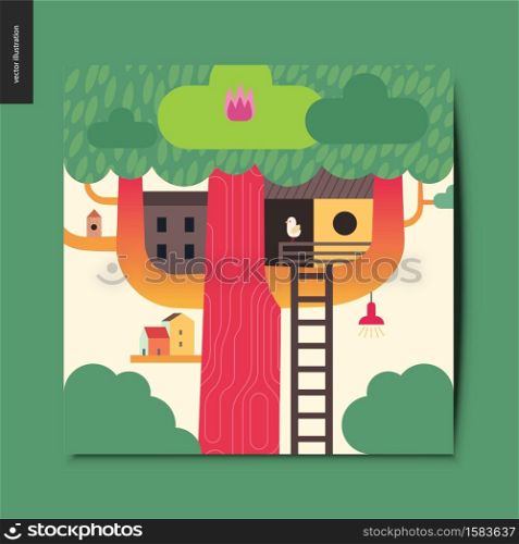 Simple things - tree house - a tree with a red trunk, few wooden houses on the branches and a ladder towards them, summer postcard, vector illustration. Simple things - tree house