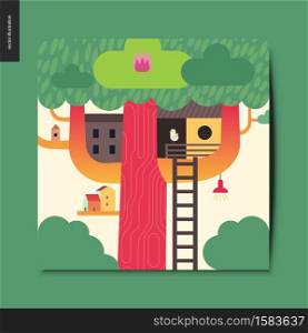 Simple things - tree house - a tree with a red trunk, few wooden houses on the branches and a ladder towards them, summer postcard, vector illustration. Simple things - tree house