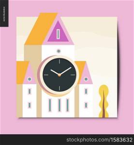 Simple things - white clock tower with pink and yellow triangle roof, postcard, vector illustration. Simple things - clock tower