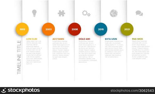 Simple timeline template with color icons and descriptions. Minimalistic timeline template with circle icons