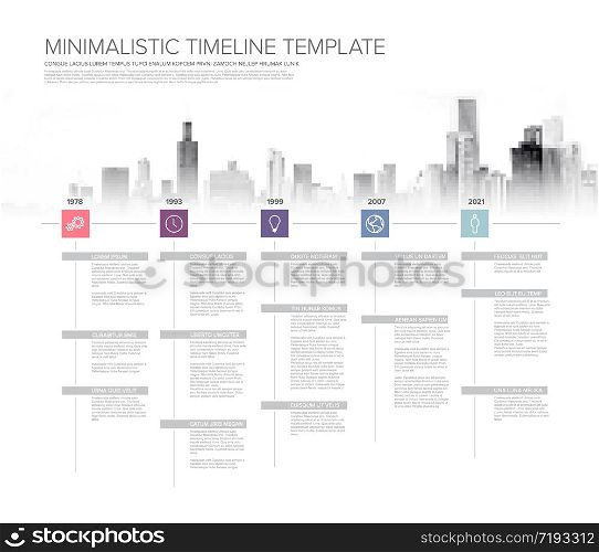 Simple timeline template with square icons, descriptions and city skyline. Minimalistic timeline template with square icons