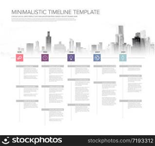 Simple timeline template with square icons, descriptions and city skyline. Minimalistic timeline template with square icons