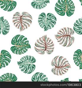 Simple tropical seamless pattern with monstera leaves isolated on white background. Botanical foliage plants wallpaper. Exotic hawaiian backdrop. Design for fabric, textile print, wrapping, cover.. Simple tropical seamless pattern with monstera leaves isolated on white background