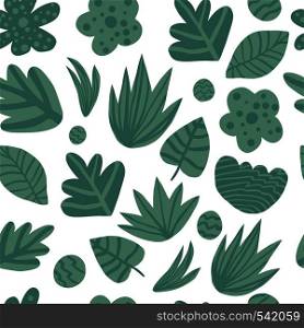 Simple tropical seamless repeat pattern with green leaves. Exotic plant. Summer design for fabric, textile print, wrapping paper, children textile. Simple tropical seamless repeat pattern with green leaves.
