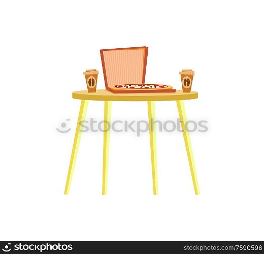 Simple urban table, serving italian pizza in paper box and disposable cups of coffee. Yellow board with fast food and caffeine isolated, furniture vector. Yellow Table, Pizza and Cups of Coffee Vector