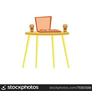 Simple urban table, serving italian pizza in paper box and disposable cups of coffee. Yellow board with fast food and caffeine isolated, furniture vector. Yellow Table, Pizza and Cups of Coffee Vector