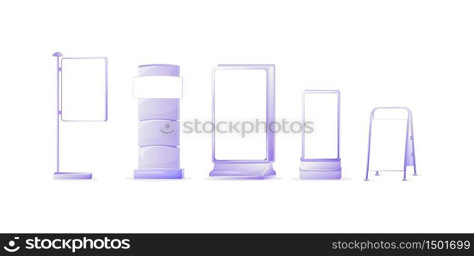 Simple vector ads board sign illustrations set. Metal lightbox. Commercial billboard mockup designs pack with copyspace. Stand with empty screen isolated objects collection. Announcement banners. Simple vector ads board sign illustrations set