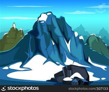Simple vector background illustration with rock. Big mountains and blue sky, hillside mountain skyline. Landscape with snow mountain, nature outdoor mountain for tourism and mountaineering. Simple vector background illustration with rock. Big mountains and blue sky, hillside mountain skyline
