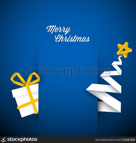 Simple vector blue christmas card with gift and tree made from paper stripe