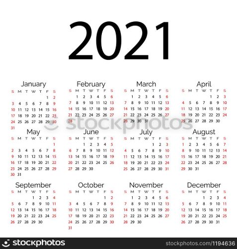 Simple vector calendar template 2021 year. Minimal business white clean design. English grid, week starts from sunday
