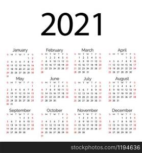 Simple vector calendar template 2021 year. Minimal business white clean design. English grid, week starts from sunday
