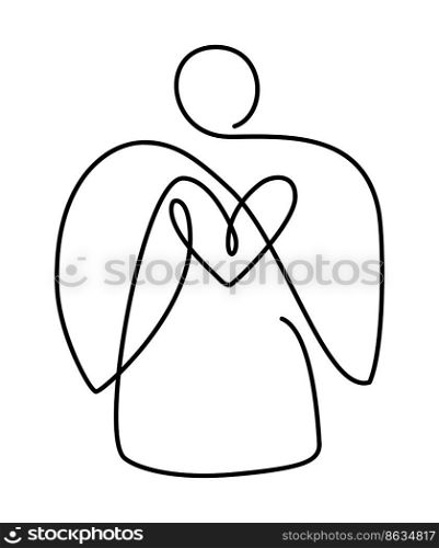 Simple vector Christmas angel with heart, continuous line drawing, print for clothes and logo design, emblem or silhouette one single line, isolated abstract illustration.. Simple vector Christmas angel with heart, continuous line drawing, print for clothes and logo design, emblem or silhouette one single line, isolated abstract illustration