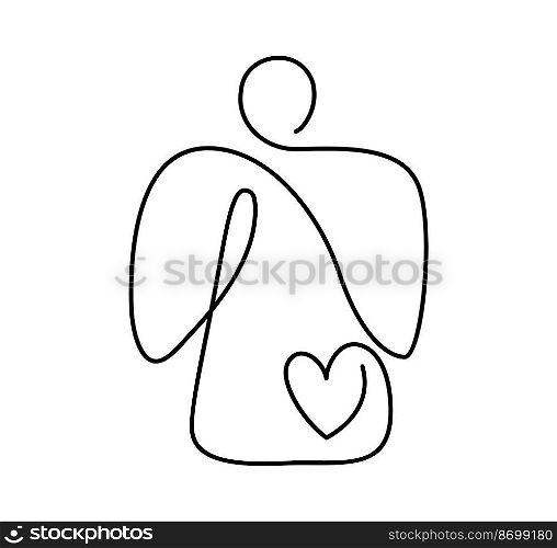 Simple vector Christmas angel with heart, continuous one line drawing, print for clothes and logo design, emblem or silhouette one single line, isolated abstract illustration.. Simple vector Christmas angel with heart, continuous one line drawing, print for clothes and logo design, emblem or silhouette one single line, isolated abstract illustration