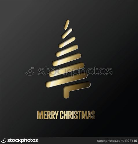 Simple vector christmas card with abstract golden christmas tree made from lines - original new year card. Modern vector christmas tree made from golden lines