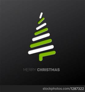 Simple vector christmas card with abstract green and white christmas tree made from lines - original new year card. Modern vector christmas tree made from lines