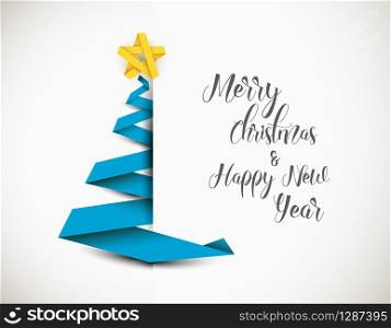 Simple vector christmas tree made from blue paper stripe - original new year card. Christmas tree made from paper stripe