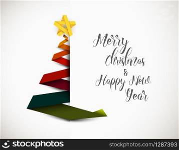 Simple vector christmas tree made from colorful paper ribbon on white background - original new year card