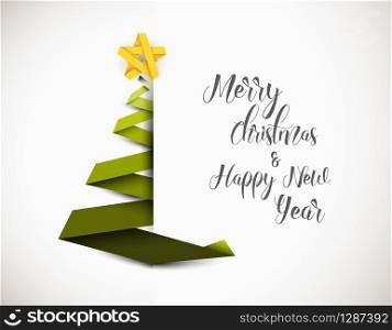 Simple vector christmas tree made from green paper stripe - original new year card. Christmas tree made from green paper stripe