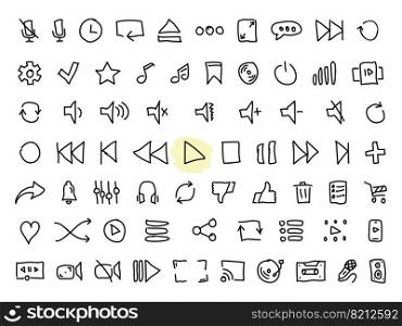 Simple vector doodle icons. Flat illustration on a theme audio and video player buttons. Set of black vector doodle icons, isolated against white background. Flat illustration on a theme audio and video player buttons. Line, outline, stroke