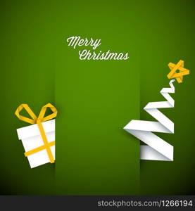Simple vector green christmas card with gift and tree made from paper stripe