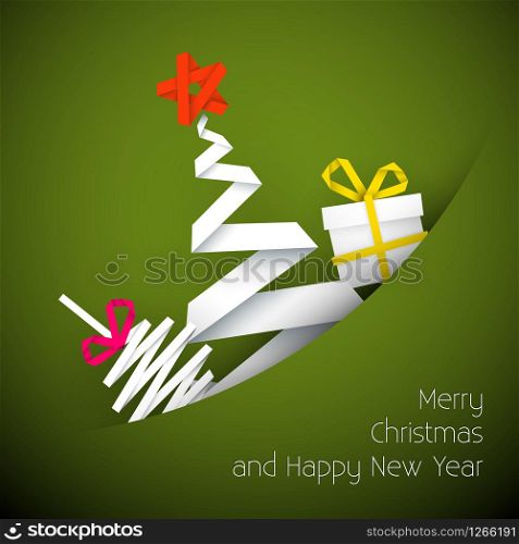 Simple vector green christmas card with gift, tree and bauble made from paper stripe
