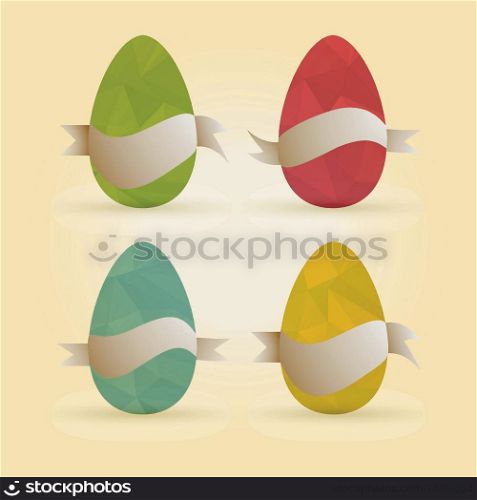 Simple vector happy Easter card with four 3d eggs on the colorful triangles. Ribbon labels