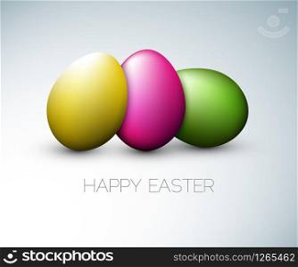 Simple vector Happy Easter card with three colorful eggs on the gray background