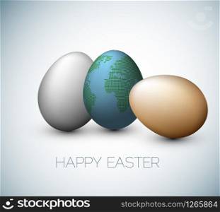 Simple vector Happy Easter card with three eggs on the gray background
