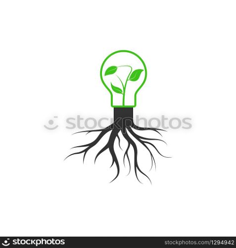 Simple vector icon of environmental themes. a light bul b wit h a lea f sprout grow s fro m a tre e stump. Stoc k illustration, simpl e design.