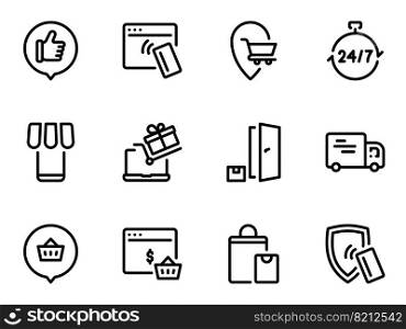 Simple vector icons. Flat illustration on a theme delivery of goods and goods by courier to the door. Set of black vector icons, isolated against white background. Flat illustration on a theme delivery of goods and goods by courier to the door