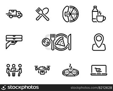 Simple vector icons. Flat illustration on a theme pizza delivery home. Set of black vector icons, isolated against white background. Flat illustration on a theme pizza delivery home