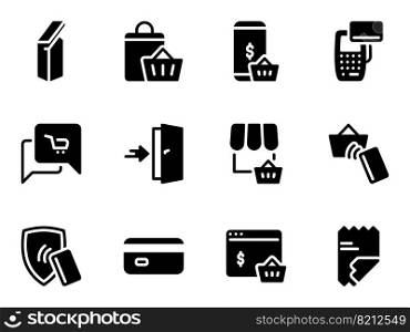 Simple vector icons. Flat illustration on a theme shop, sales and purchases. Set of black vector icons, isolated against white background. Flat illustration on a theme shop, sales and purchases
