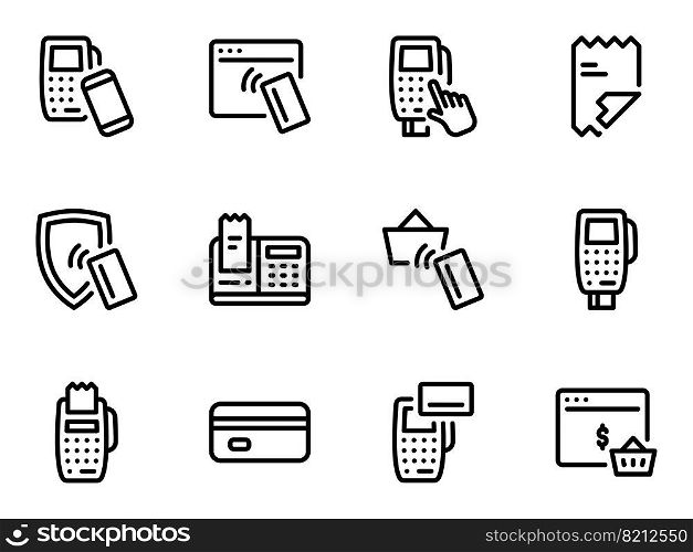 Simple vector icons. Flat illustration on a theme terminal, payment,. Set of black vector icons, isolated against white background. Flat illustration on a theme terminal, payment,