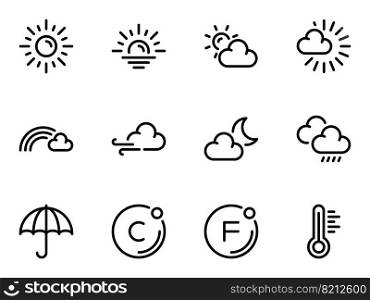 Simple vector icons. Flat illustration on a theme weather conditions and designations. Set of black vector icons, isolated against white background. Flat illustration on a theme weather conditions and designations. Line, outline, stroke