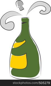 Simple vector illustration of a green champagne flask with yellow lable white background.