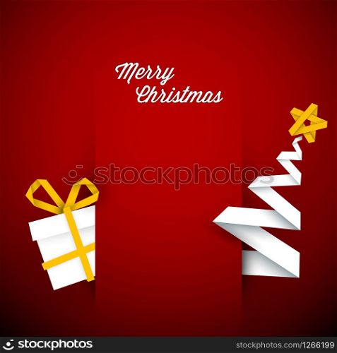 Simple vector red christmas card with gift and tree made from paper stripe