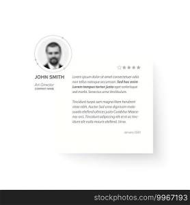 Simple white minimalistic testimonial review layout template with photo placeholder and rating. Testimonial review layout template